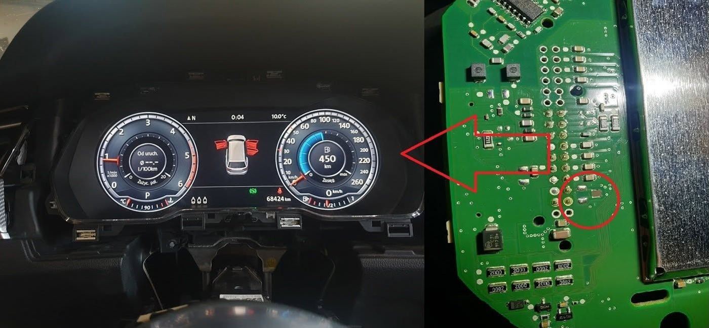Naprawa licznika cyfrowego VW (Active Info Display) – uszkodzony element na płytce i działające zegary po naprawie